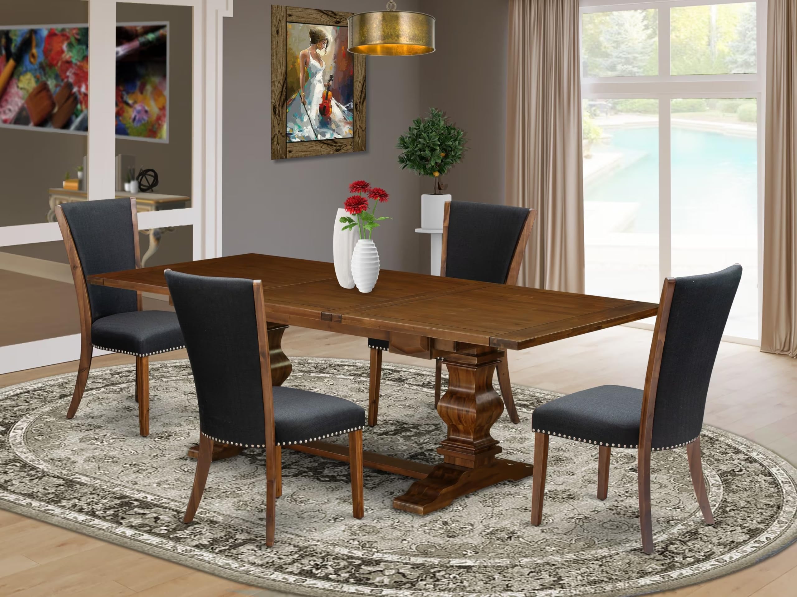 East West Furniture Lave5-88-24 5 Piece Kitchen Table Set For 4 Includes A Rectangle Dining Table With Removable Leaf And 4 Black Color Linen Fabric Parson Chairs, 42X92 Inch, Walnut